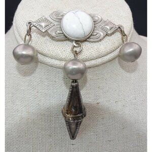 Kate Hines Bar Dangle Brooch White Center Silver Drops